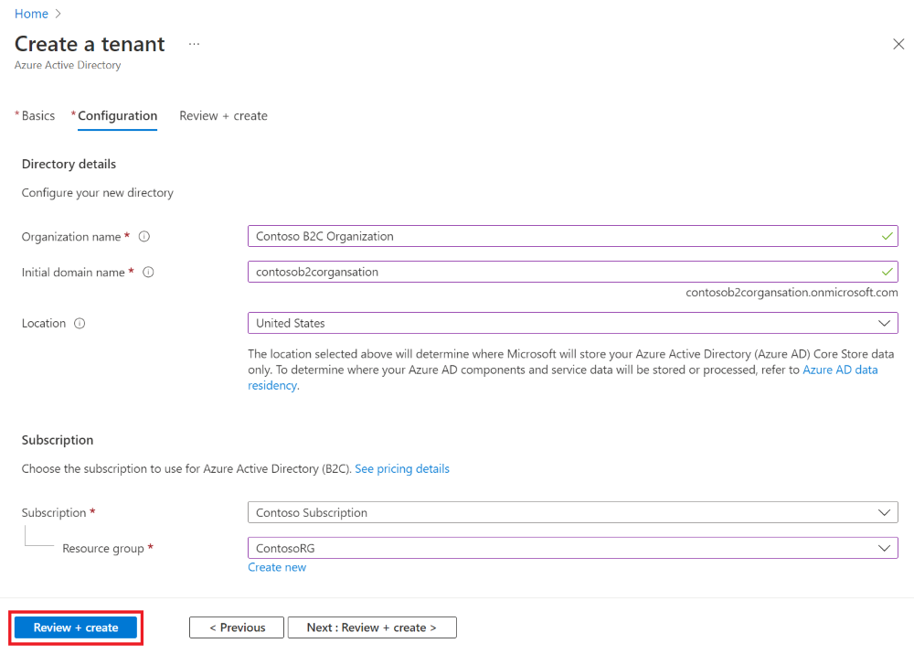 Captura de tela do formulário de criação de locatário com valores de exemplo no portal do Azure.