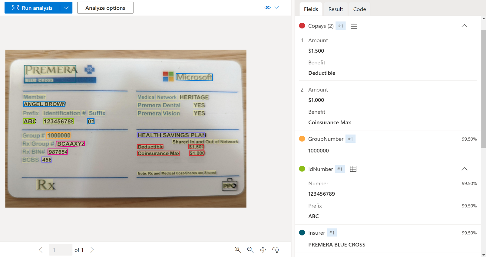 Captura de tela que mostra a análise do modelo de cartão de seguro de saúde usando o Document Intelligence Studio.