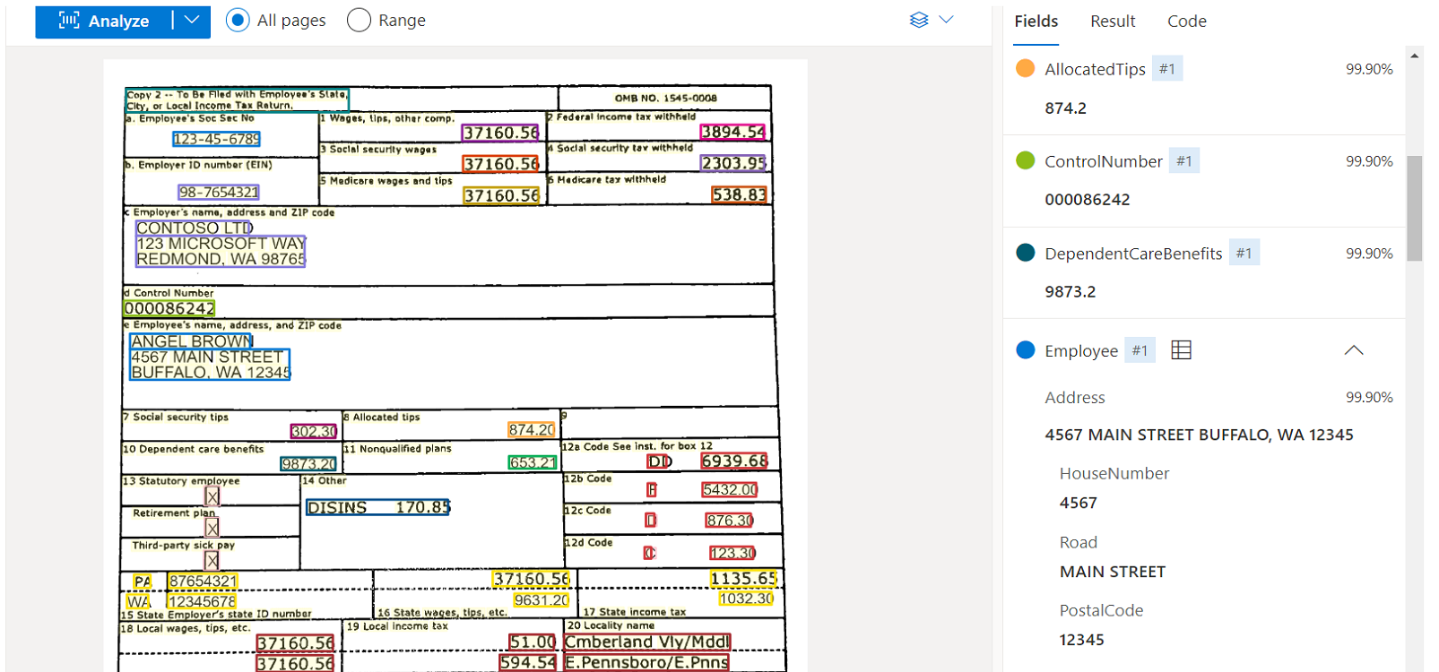 Captura de tela que mostra a análise do modelo W-2 usando o Document Intelligence Studio.