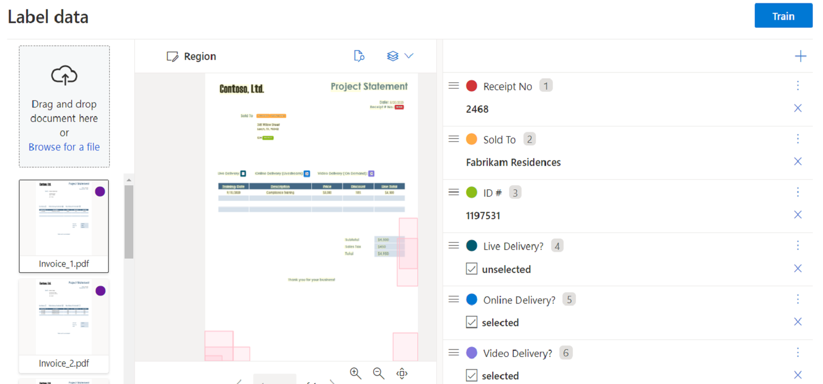 Captura de tela que mostra o treinamento de modelo personalizado usando o Document Intelligence Studio.