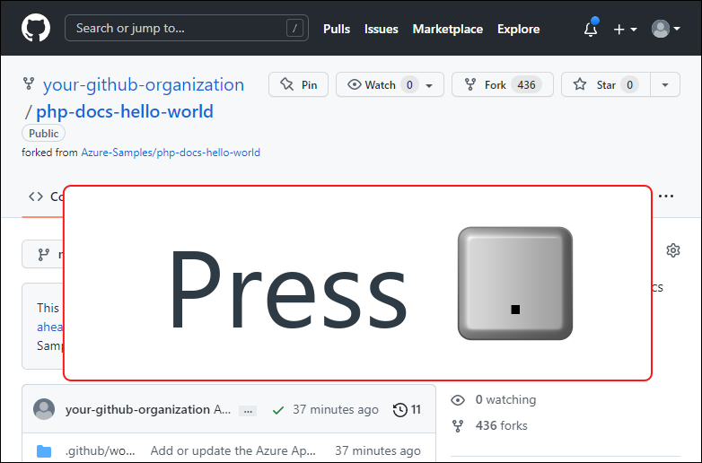 Captura de tela do repositório php-docs-hello-world com fork no GitHub com instruções para pressionar a tecla de ponto nessa tela.