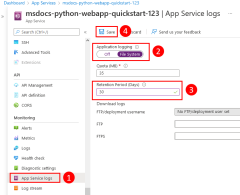 Uma captura de tela do local no portal do Azure em que você habilita os logs de streaming.