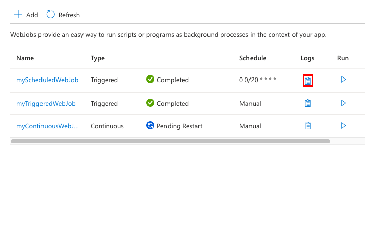 Captura de tela que mostra como acessar logs de um WebJob.