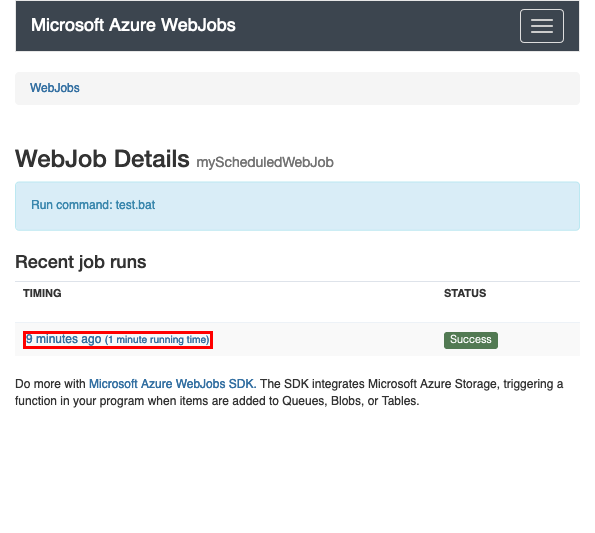 Captura de tela que mostra como escolher uma execução do WebJob para ver seus logs detalhados.