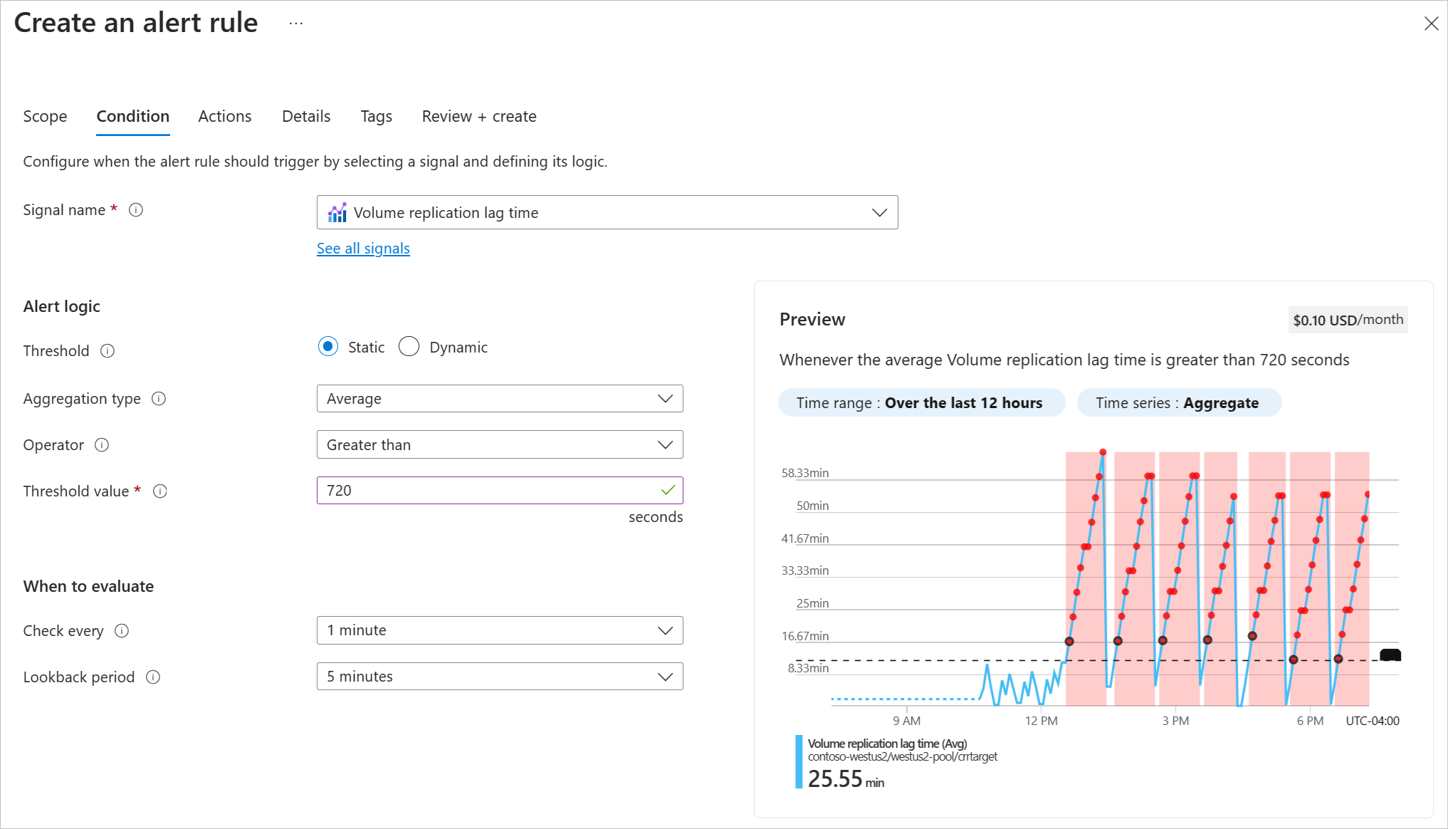 Captura de tela da interface do Azure que mostra a etapa de configuração da lógica de sinal com a página Criar regra de alerta em segundo plano.