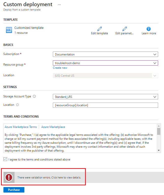 Captura de tela de um erro de validação no portal do Azure para uma tentativa de implantação de conta de armazenamento.