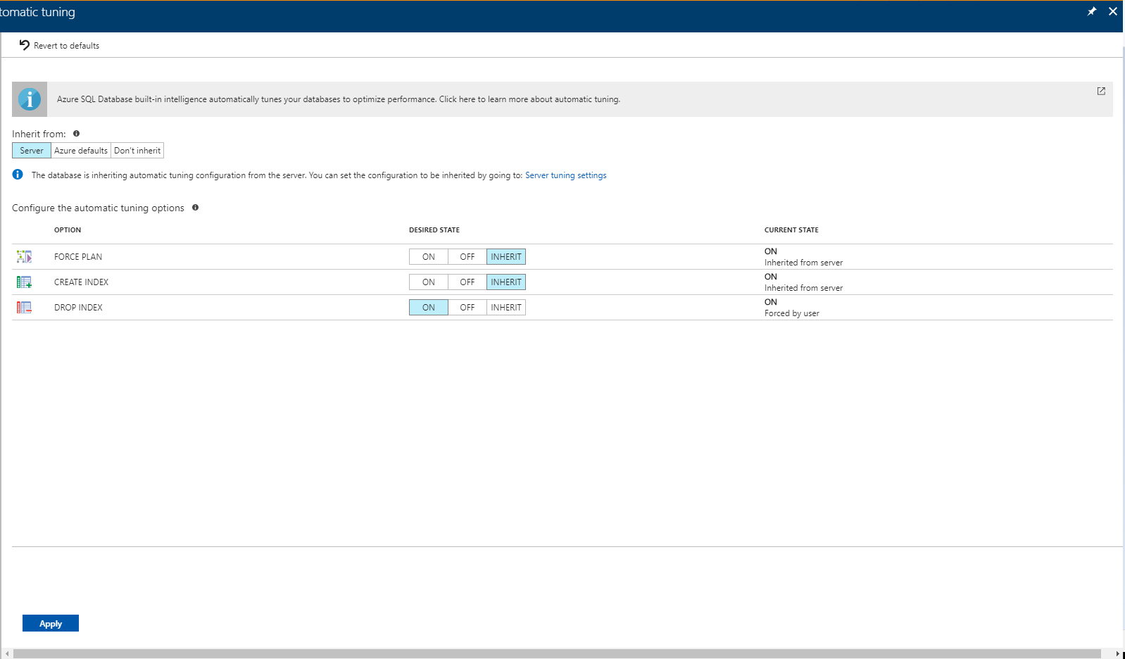 Captura de tela mostra o ajuste automático no portal do Azure, em que você pode aplicar opções para um único banco de dados.