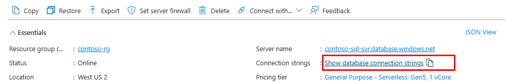 Captura de tela do portal do Azure de uma página visão geral do banco de dados SQL. O link mostrar cadeias de conexão de banco de dados está realçado.