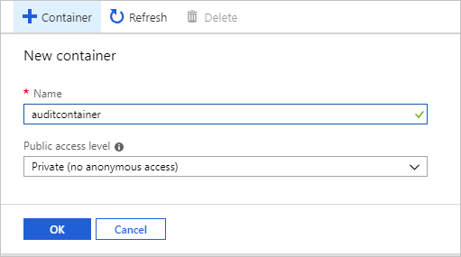 Captura de tela mostrando a configuração para criar um contêiner de blobs.
