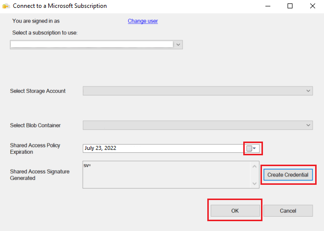 Screenshot da caixa de diálogo Conectar a uma Assinatura Microsoft. Criar Credencial, OK e a caixa Expiração da Política de Acesso Compartilhado são destacados.