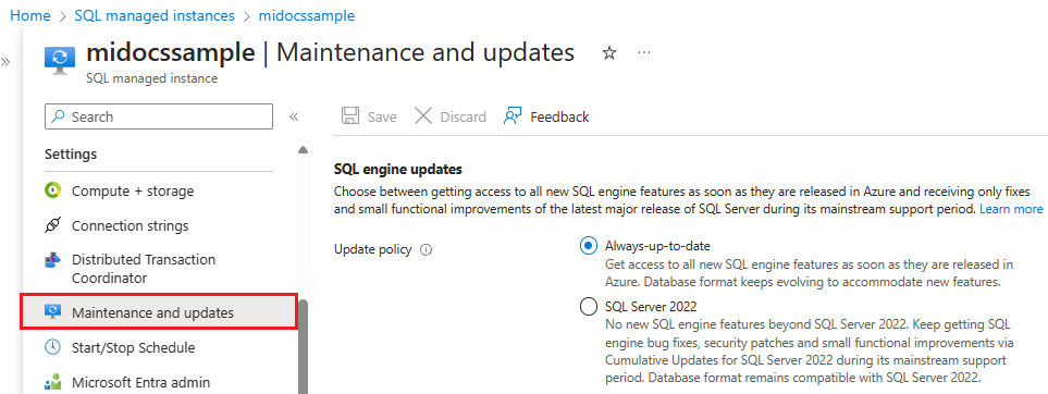Screenshot da página SQL Managed Instance no portal Azure, com a política de atualização selecionada.