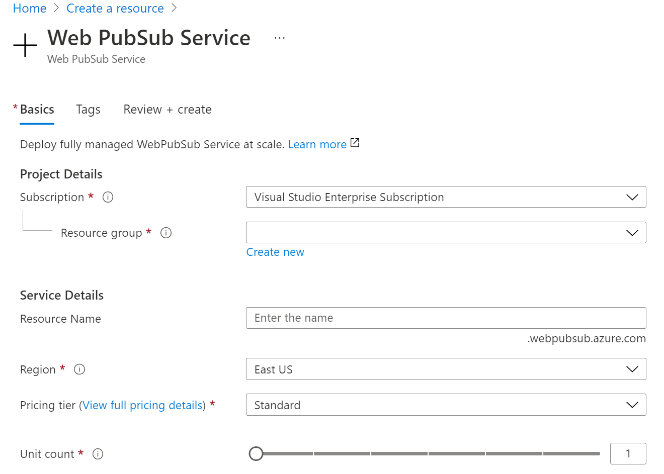 Captura de tela da criação da instância do Azure Web PubSub no portal.