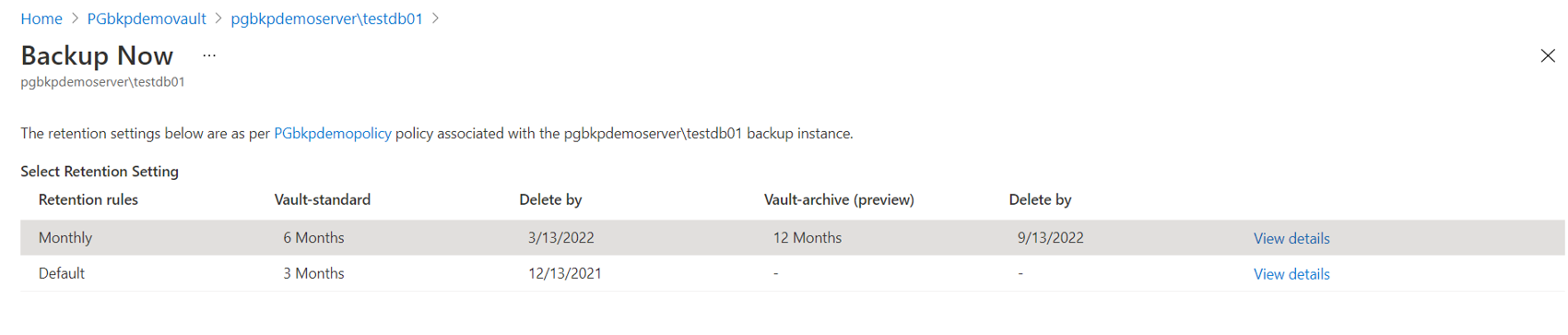 Captura de tela que mostra as regras de retenção que foram definidas em uma política de backup.