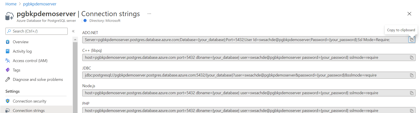 Captura de tela que mostra a cadeia de conexão do servidor do Banco de Dados do Azure para PostgreSQL como um segredo.