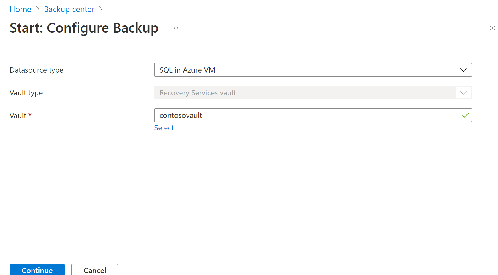 A captura de tela mostra como selecionar o banco de dados SQL como a fonte de dados para Backup.