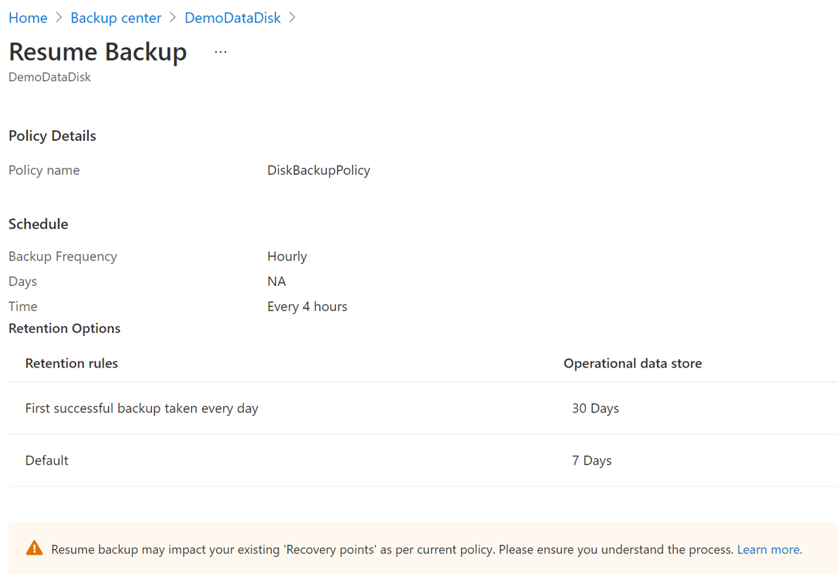 Captura de tela que mostra a opção de retomar o backup.