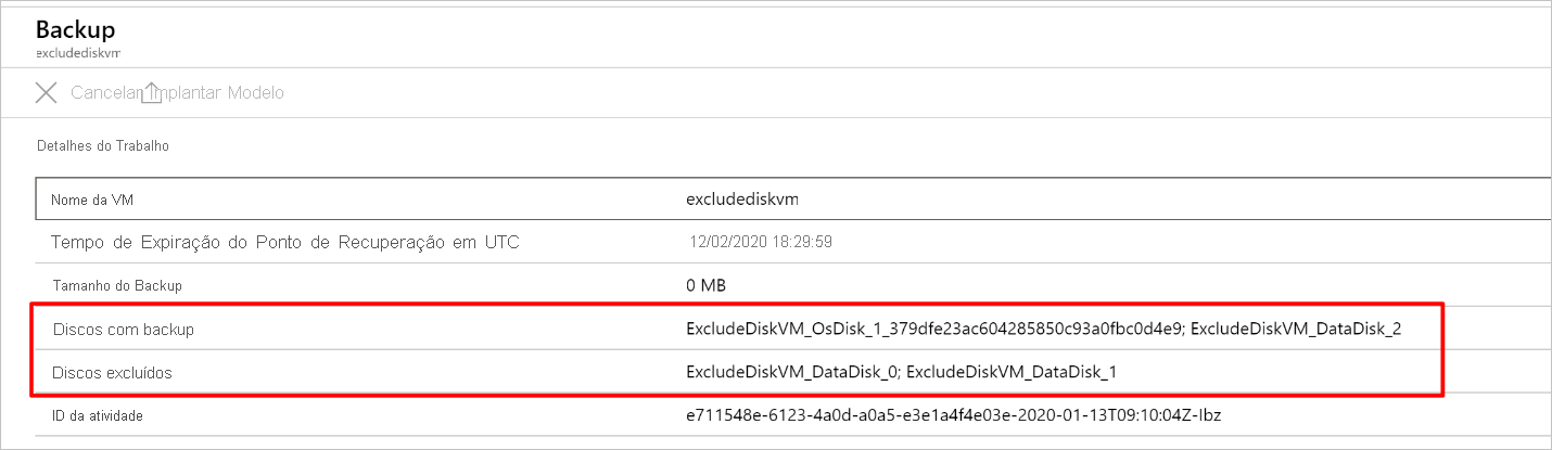 Captura de tela que mostra os discos incluídos e excluídos no painel Detalhes do Trabalho.
