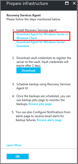 Captura de tela que mostra como baixar o agente MARS para o Windows Server ou o Cliente Windows.