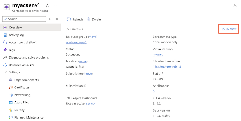 Uma captura de tela do portal Azure mostrando o ambiente, com o botão JSON View realçado.