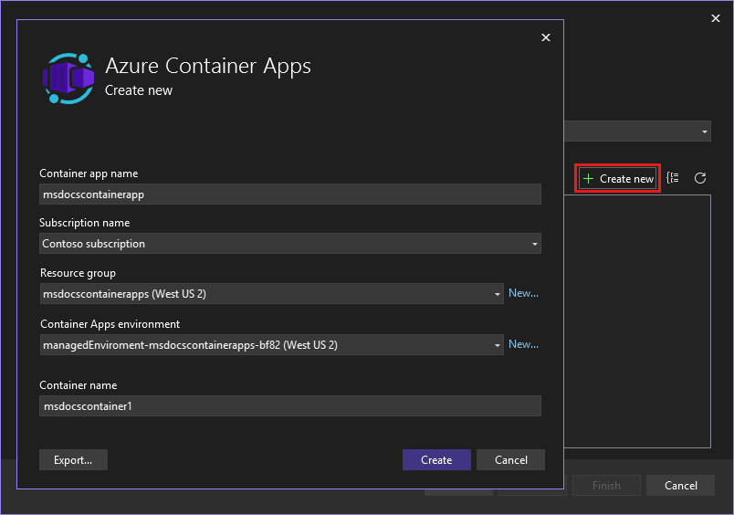Uma captura de tela mostrando como criar novos Container Apps.