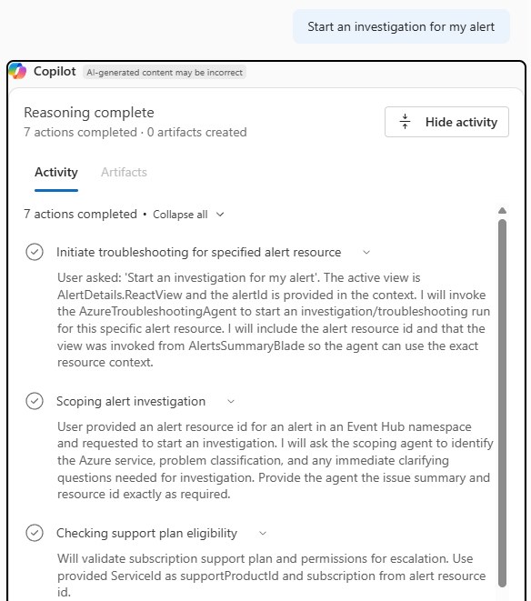 Captura de tela do Azure Copilot iniciando uma investigação de alerta com raciocínio detalhado.