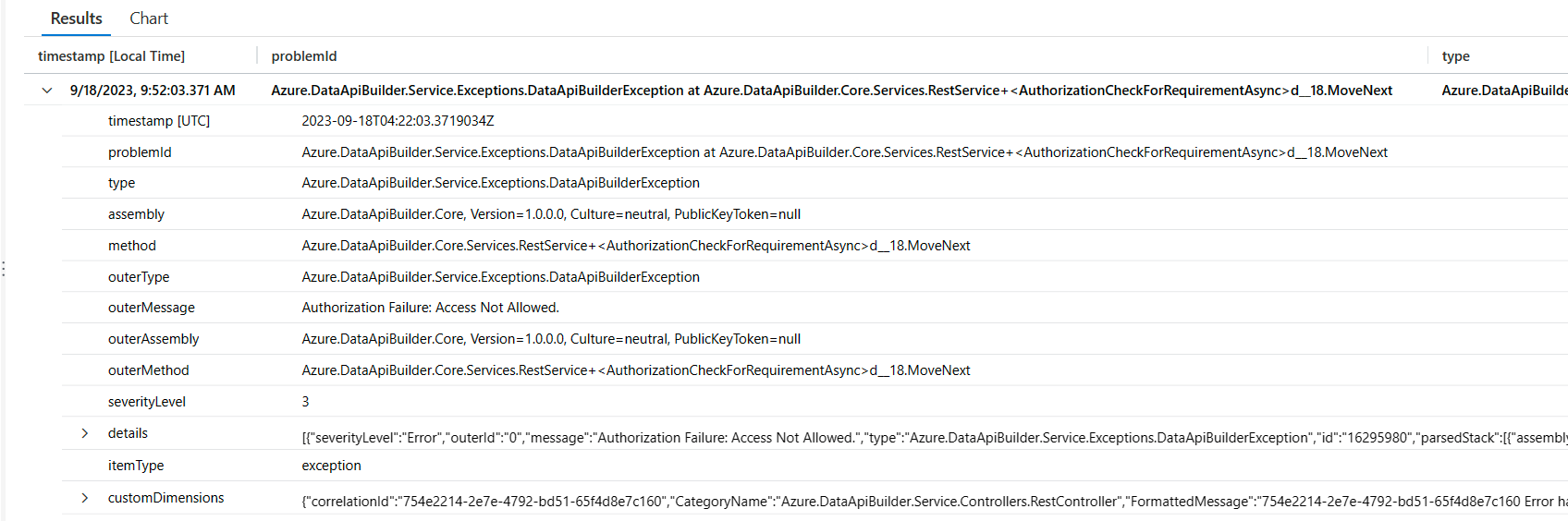 Captura de tela dos resultados de uma consulta para exceções do construtor de API de Dados no Application Insights.