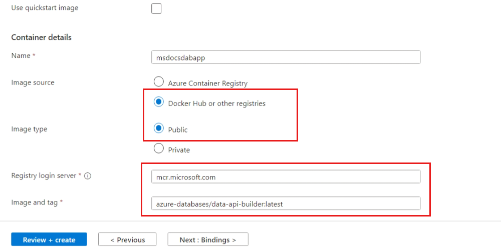 Screenshot da guia 'Contêiner' da página 'Criar Aplicativo de Contêiner' no portal do Azure.