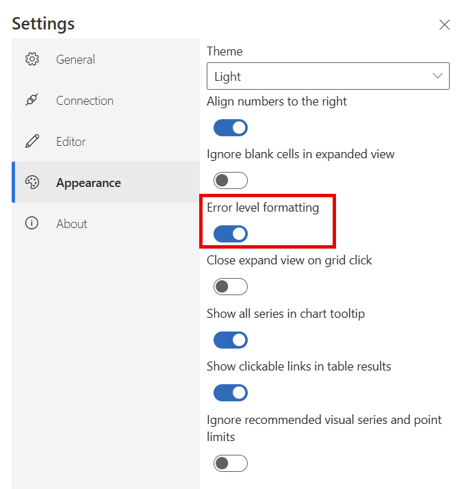 Captura de tela que mostra como habilitar o realce de nível de erro nas configurações.