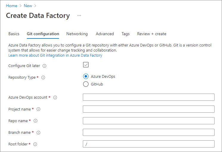 Configurar as configurações do repositório de código do Azure portal