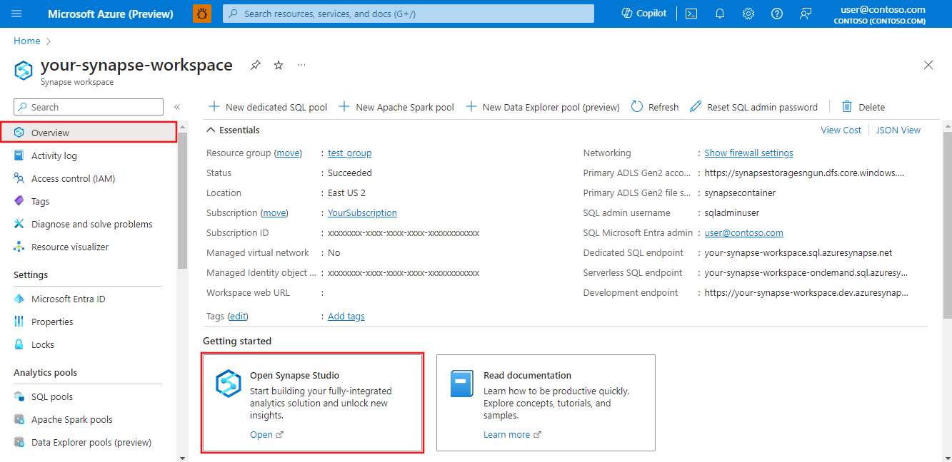 Faça uma captura de tela mostrando o bloco para abrir o Azure Synapse Analytics Studio no portal do Azure.