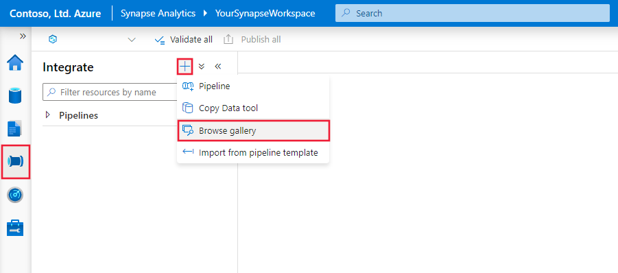 Captura de tela mostrando as opções para abrir a galeria de modelos no Azure Synapse Analytics Studio.