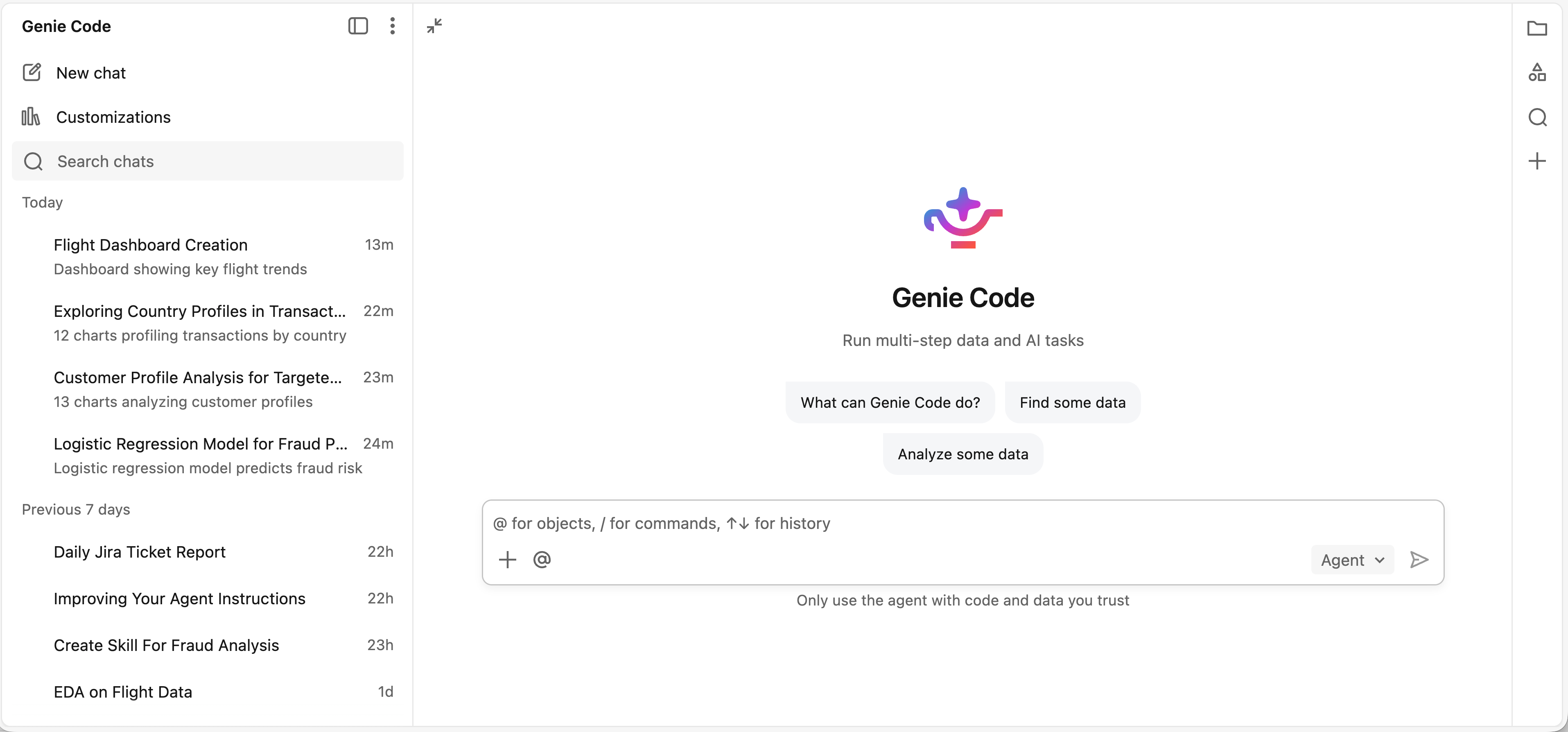 Interface de página inteira do Código Genie mostrando a lista de chat e a visualização de abas.