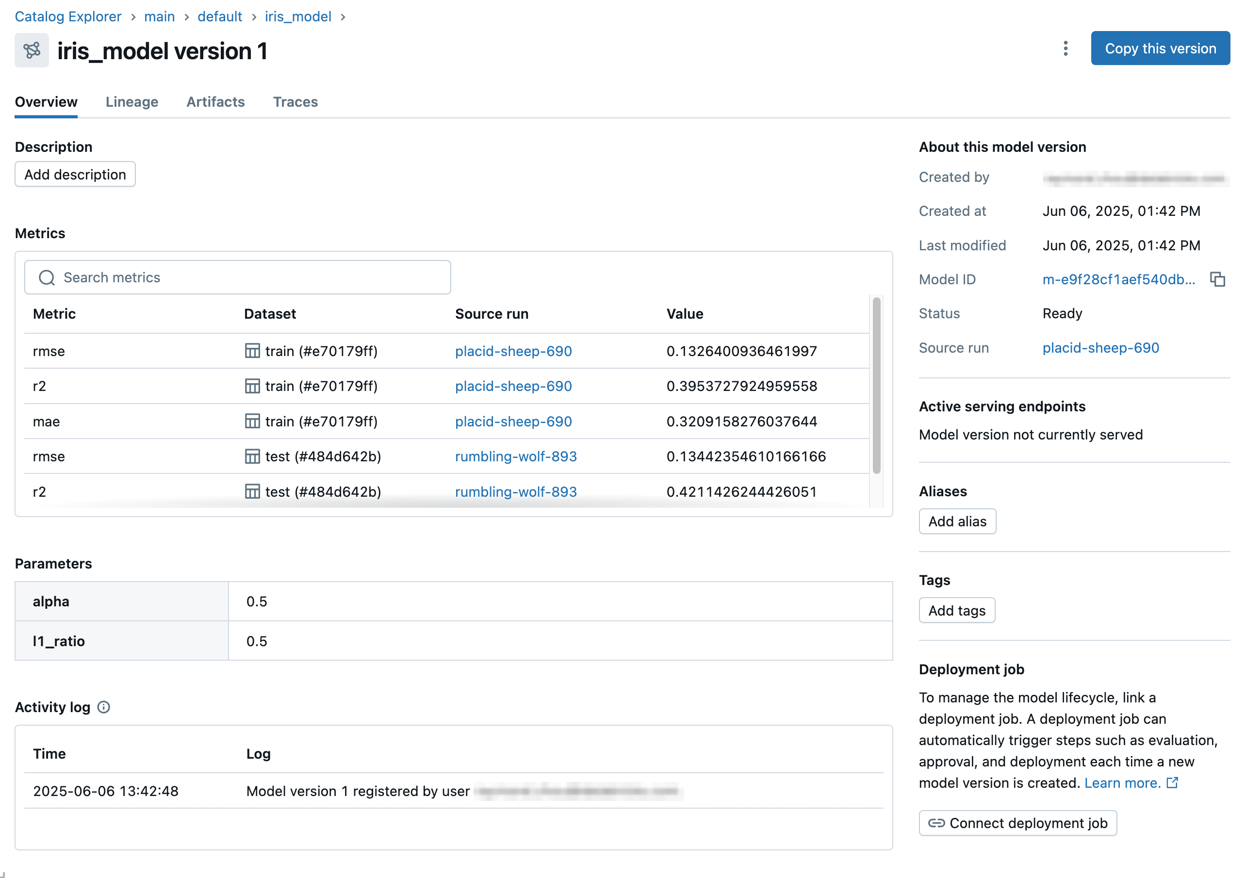 Página de versão do modelo do MLflow 3