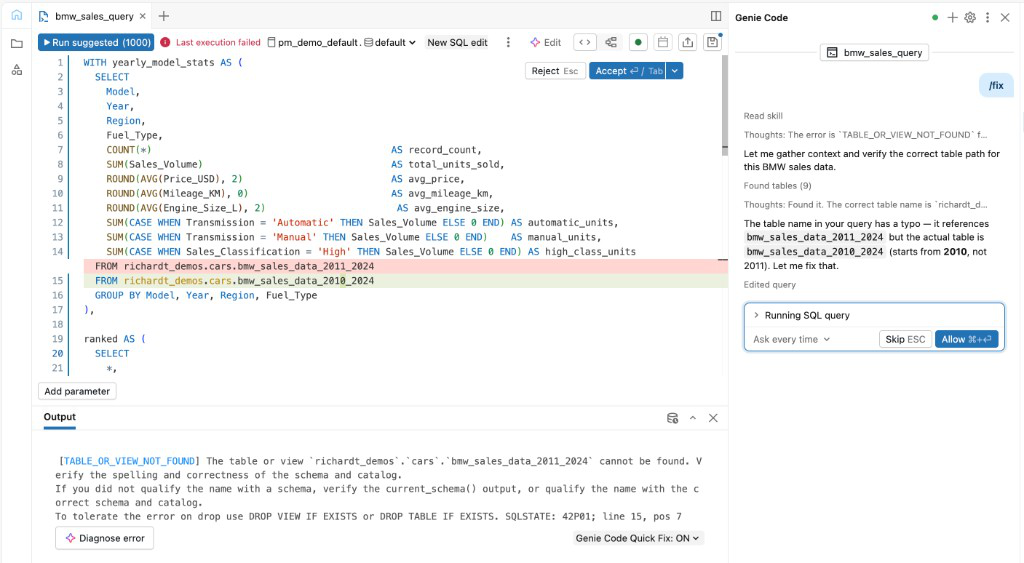 Exemplo de depuração de código do Genie no SQL.
