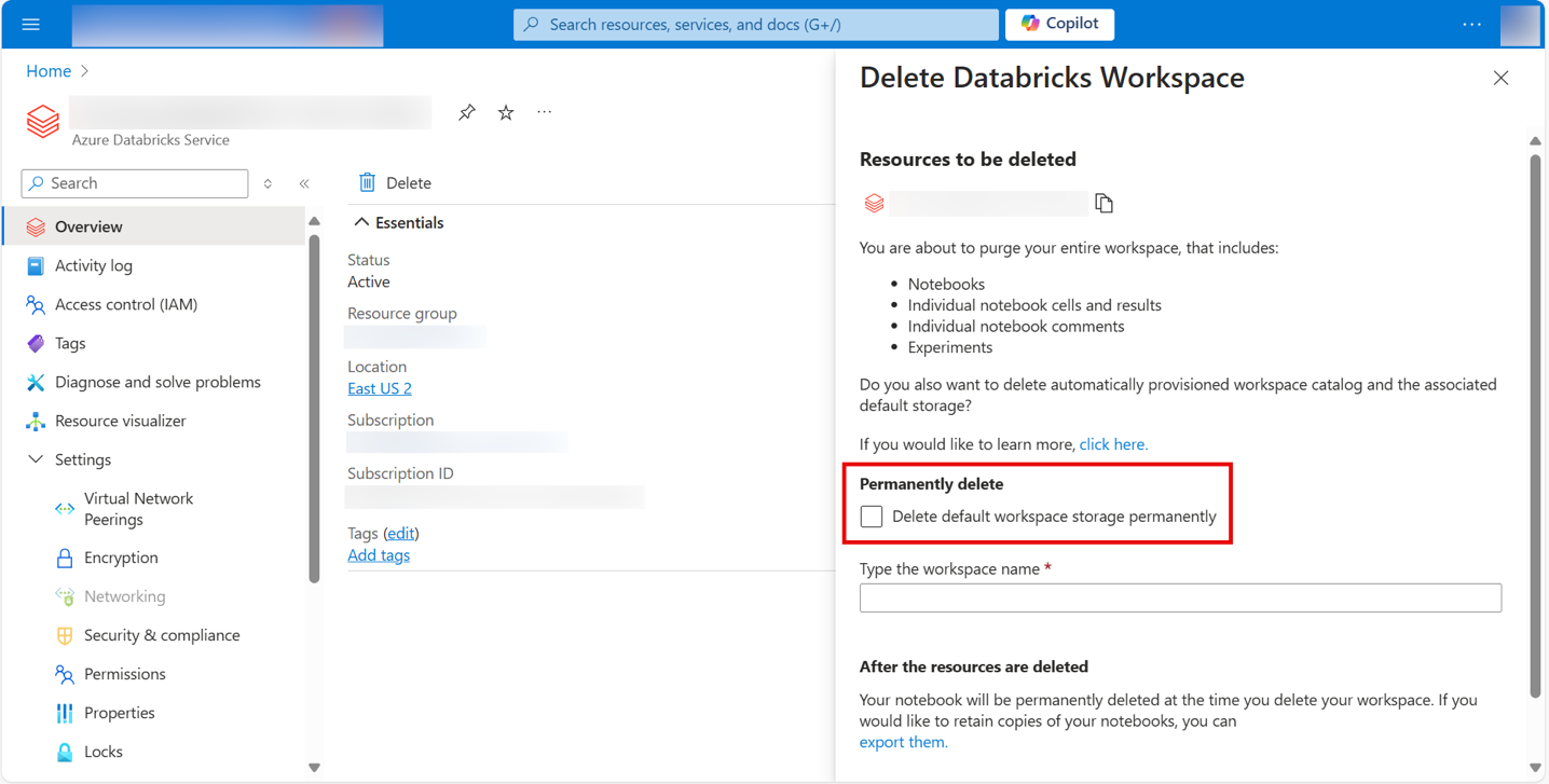 Forçar a exclusão de um workspace usando o Portal do Azure.