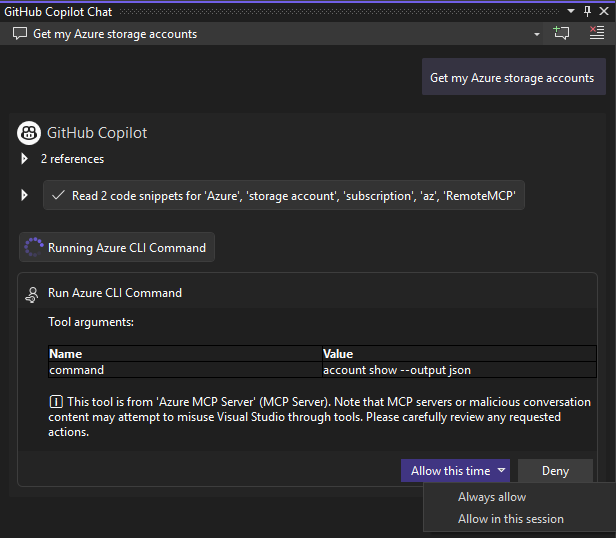 Uma captura de tela mostrando como executar as ferramentas do Servidor MCP do Azure no Visual Studio.