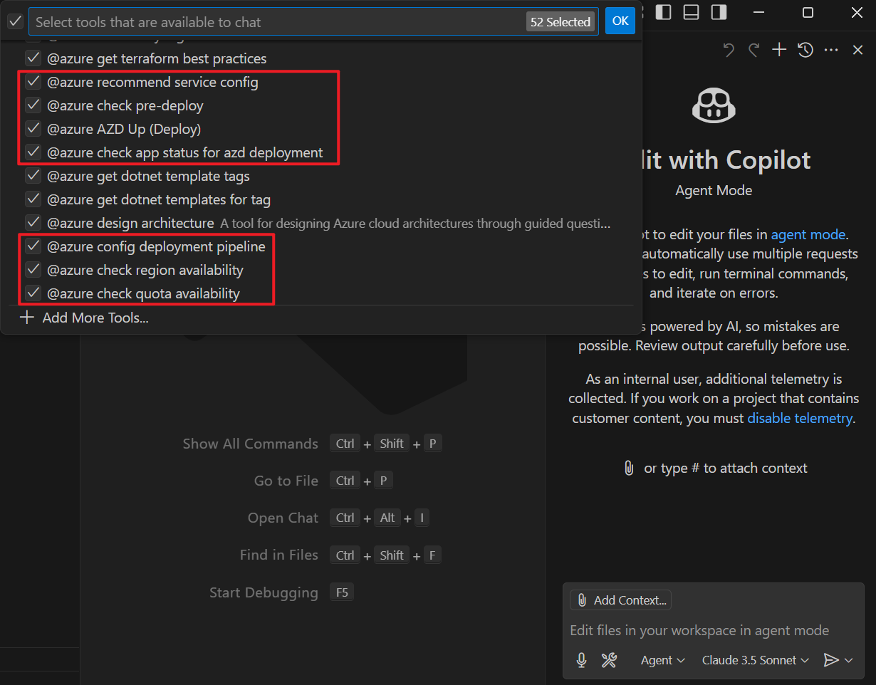 Captura de tela do GitHub Copilot selecionado para ferramentas do Azure.