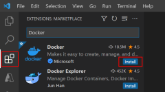 Captura de tela mostrando como adicionar a extensão do Docker ao VS Code.