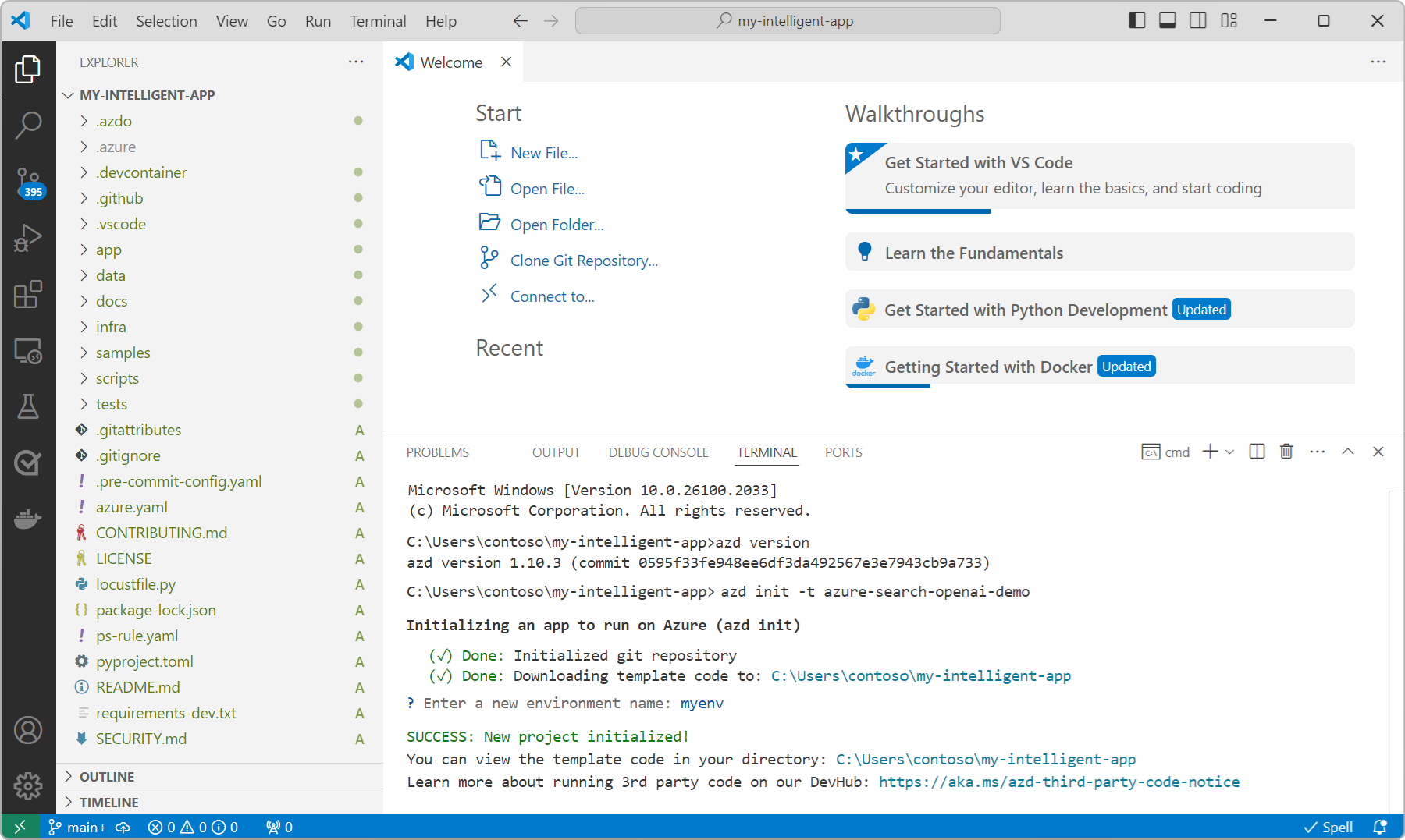 Captura de tela do diretório de projeto do meu aplicativo inteligente aberto no modo de exibição Explorer no Visual Studio Code.