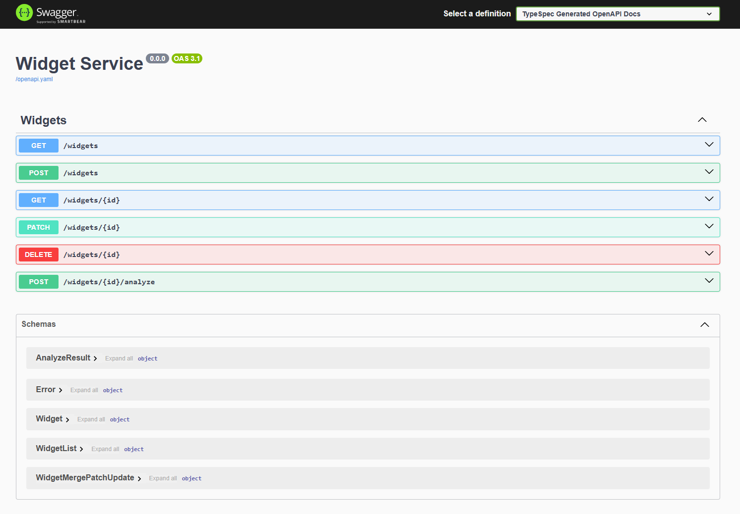 Captura de tela do navegador exibindo o Swagger UI da API Widgets.