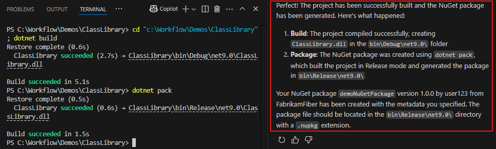 Uma captura de tela mostrando o GitHub Copilot confirmando a criação bem-sucedida do pacote NuGet.
