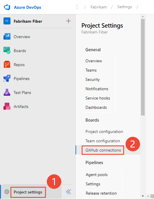 Captura de tela de Configurações do projeto abertas, conexões do GitHub.