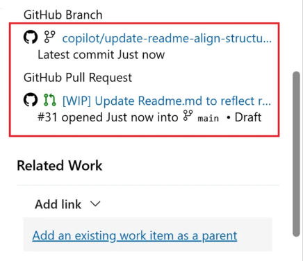 Captura de tela da seção de Desenvolvimento mostrando uma solicitação de pull vinculada ao GitHub com indicadores de detalhes de status: fechado, revisão e verificações.