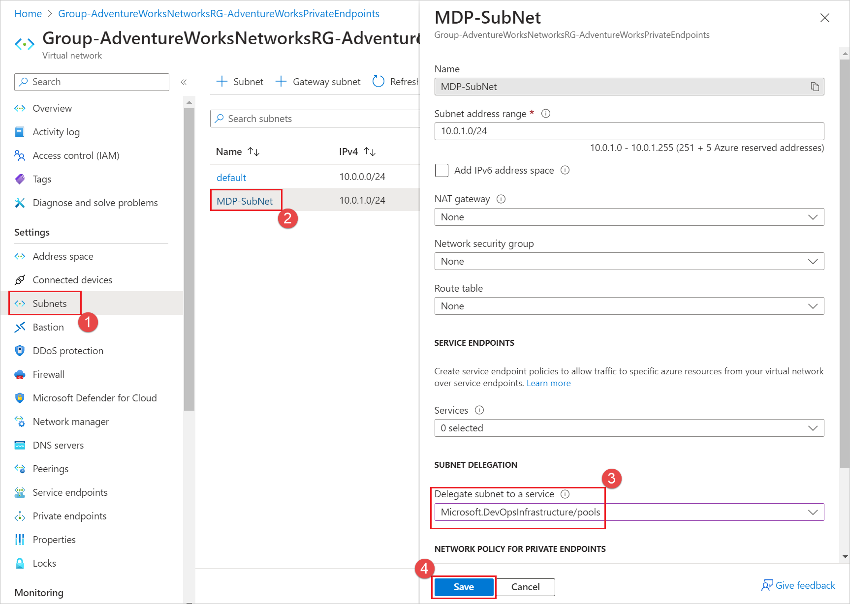 Captura de tela que mostra como configurar a delegação de sub-rede.