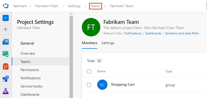 Captura de tela das configurações do projeto, equipes e trilha de navegação da equipe para a página atual no Azure DevOps.