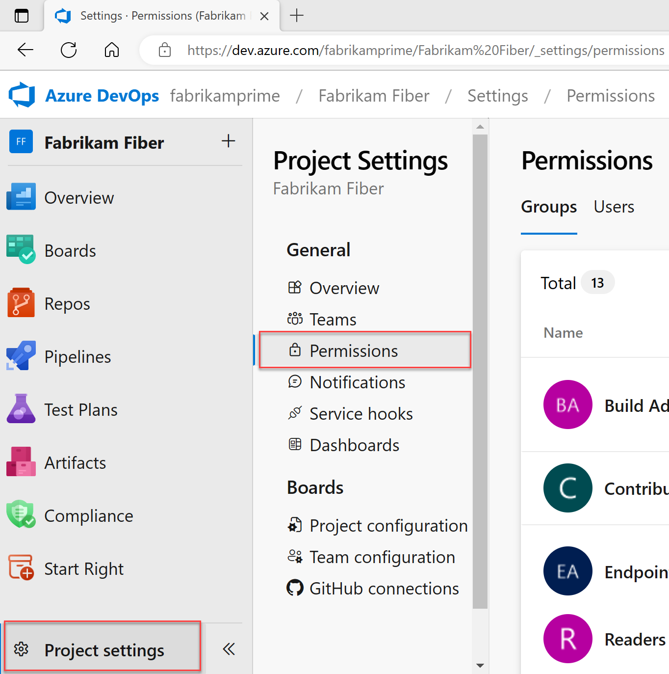 Seção Permissões nas configurações do Project.
