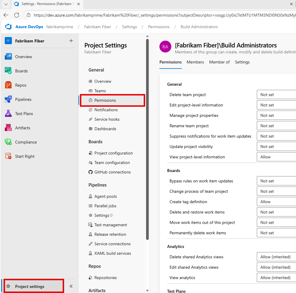 Captura de tela que mostra como selecionar a página Segurança nas configurações do Projeto.