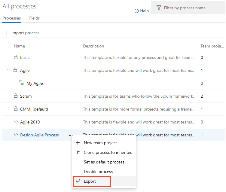 Opção de menu do processo Exportar XML Hospedado da página > de processo 