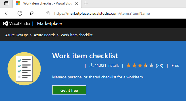 Captura de tela da extensão do Marketplace, lista de verificação de item de trabalho.