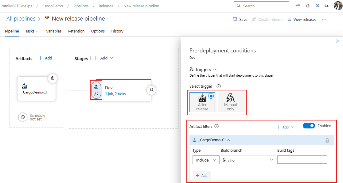Um screenshot mostrando como configurar as condições de pré-implantação em um pipeline de lançamento clássico.